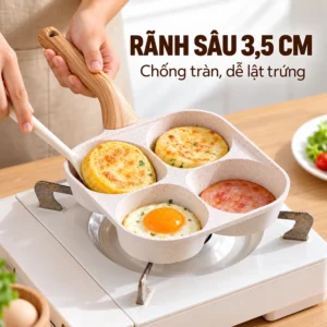 Chảo Chống Dính 4 Ô Vân Đá Sâu 3,5 cm, Tay Cầm Vân Gỗ, Làm Bữa Sáng Nhanh