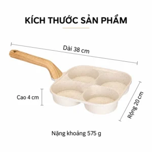 Chảo Chống Dính 4 Ô Vân Đá Sâu 3,5 cm, Tay Cầm Vân Gỗ, Làm Bữa Sáng Nhanh