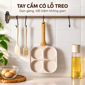 Chảo Chống Dính 4 Ô Vân Đá Sâu 3,5 cm, Tay Cầm Vân Gỗ, Làm Bữa Sáng Nhanh