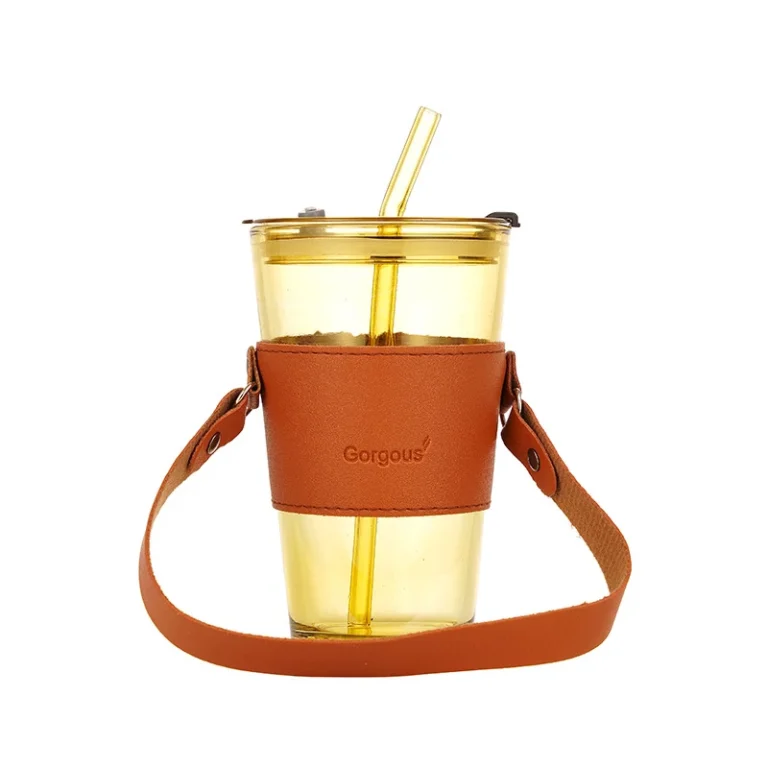 Cốc Thủy Tinh 450 ml Kèm Ống Hút Thủy Tinh, Quai Xách Da, Màu Hổ Phách