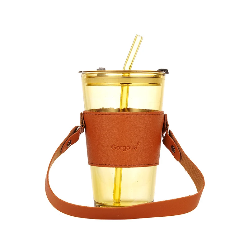 Cốc Thủy Tinh 450 ml Kèm Ống Hút Thủy Tinh, Quai Xách Da, Màu Hổ Phách