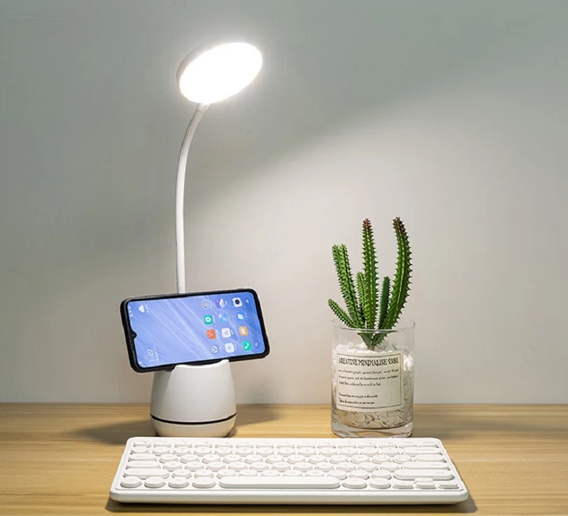 Đèn LED Để Bàn Sạc USB Cổ Uốn, Đế Cắm Bút Và Đỡ Điện Thoại