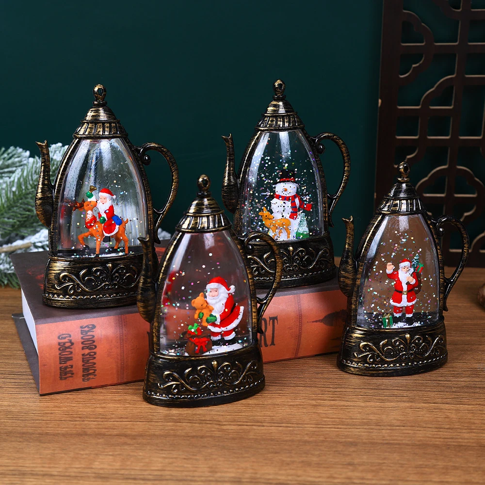 Đèn Trang Trí Giáng Sinh Hình Ấm Nước 13,5 × 10,5 cm, Ông Già Noel Và Kim Tuyến Bên Trong