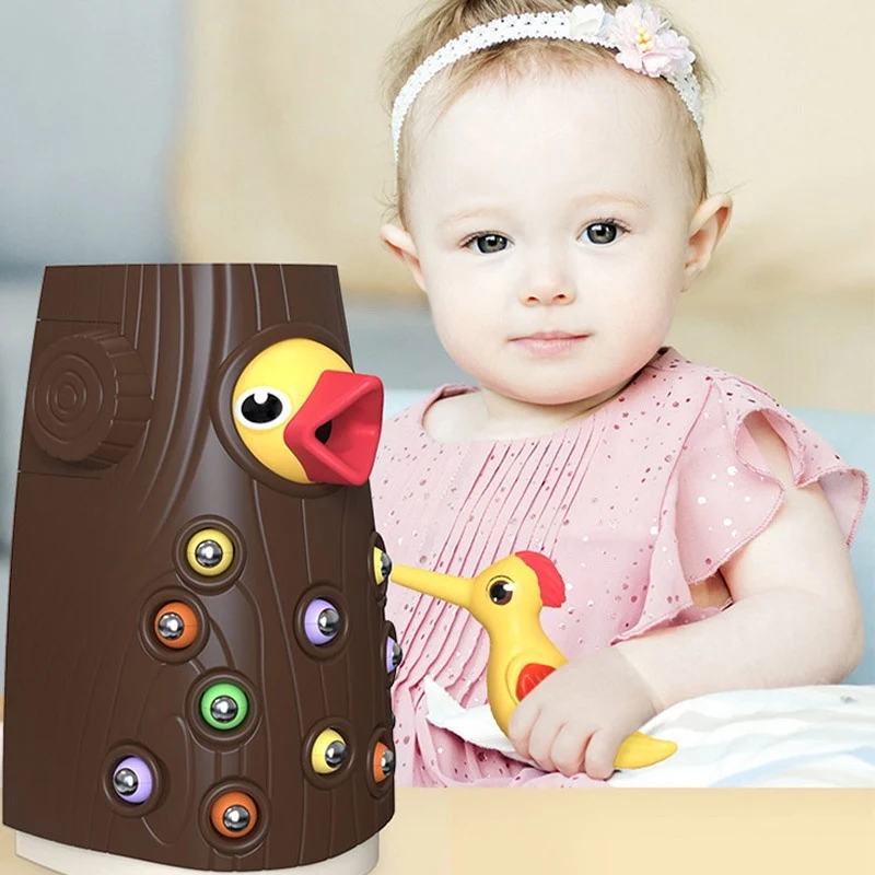 Đồ Chơi Chim Gõ Kiến Bắt Sâu Nam Châm: 1 Khúc Cây, 1 Chim, 8 Con Sâu, Cho Bé