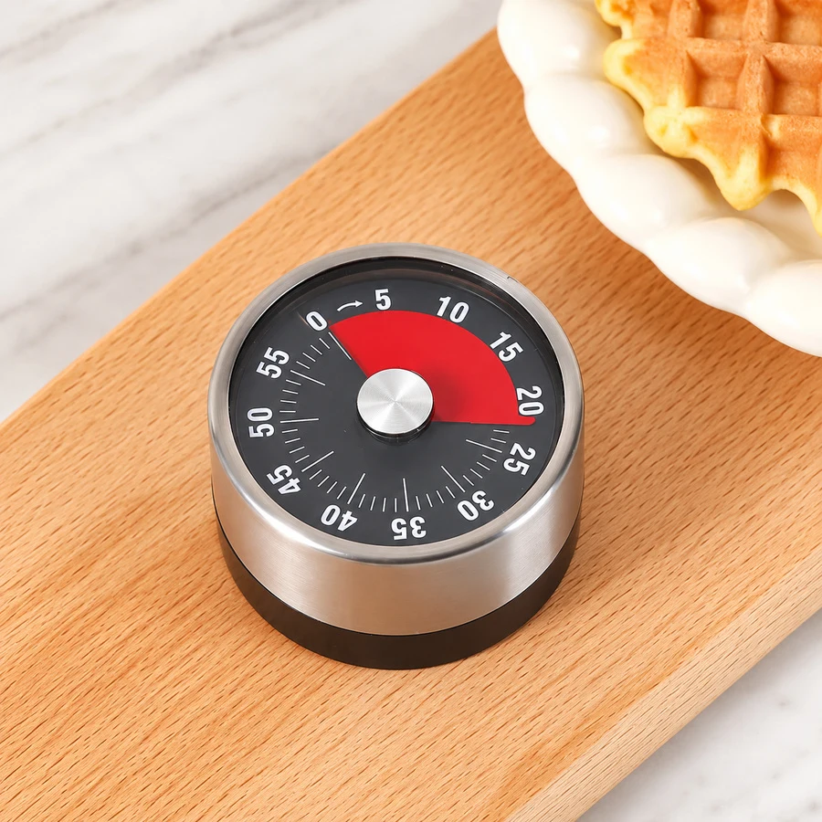 Đồng Hồ Hẹn Giờ Cơ Học Nhà Bếp Mặt Đen, Vỏ Inox Đáy Nam Châm, Không Dùng Pin