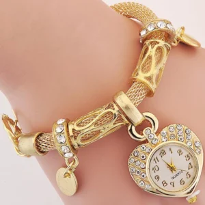Đồng Hồ Lắc Tay Nữ Mặt Trái Tim Đính Hạt, Máy Quartz, Dây Hợp Kim
