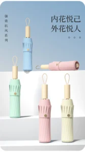Dù Gấp 16 Nan Kép Họa Tiết Hoa Đào, Bung 99 cm, Gấp 31 cm, Cán Gỗ, Kèm Túi, Có Hóa Đơn