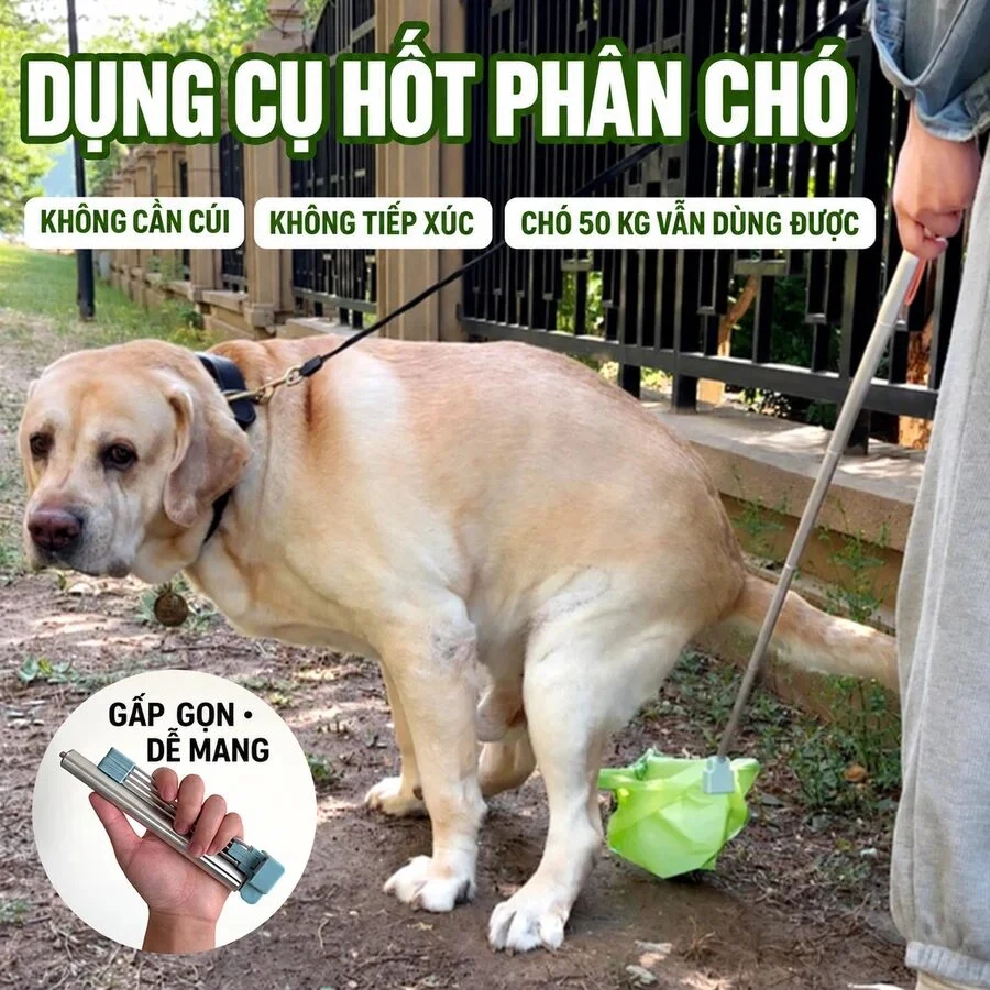 Dụng Cụ Hốt Phân Chó Mèo Cán Dài 80 cm Gấp Gọn, Lồng Túi Một Tay