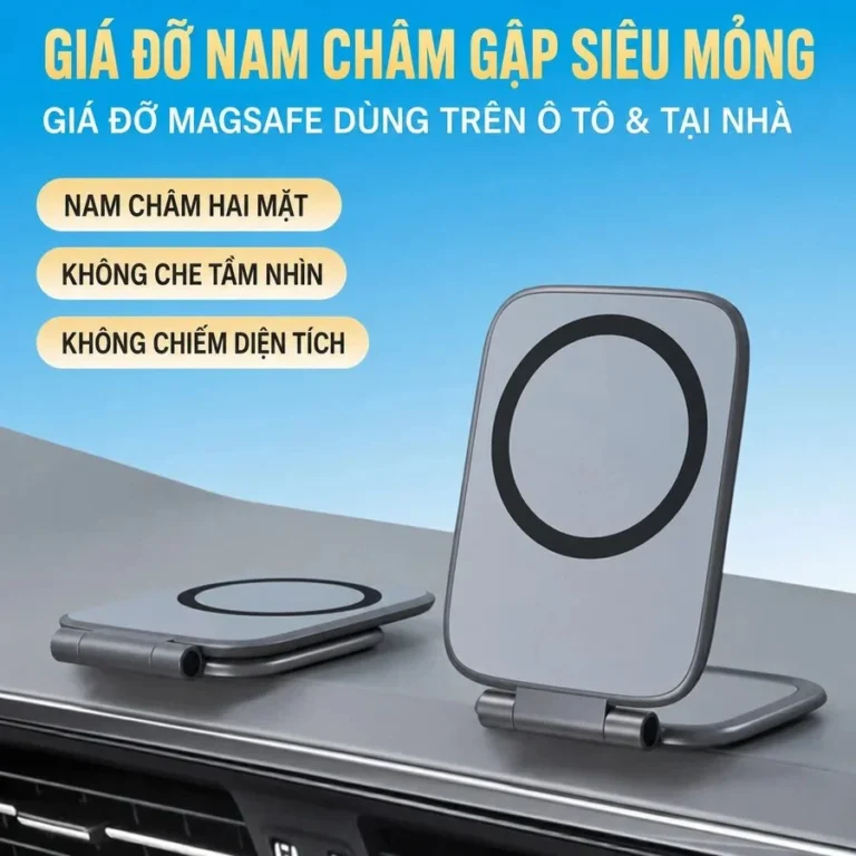 Giá Đỡ Điện Thoại Nam Châm 2 Mặt Gập Gọn Siêu Mỏng 3,5 mm, Gắn Ô Tô, Bàn