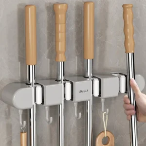 Giá Treo Chổi, Cây Lau Nhà Dán Tường 4 Kẹp 5 Móc Không Khoan 33,4 cm