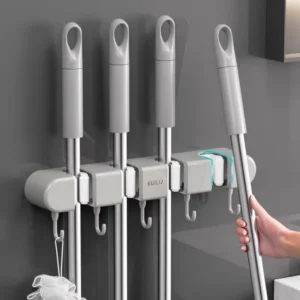 Giá Treo Chổi, Cây Lau Nhà Dán Tường 4 Kẹp 5 Móc Không Khoan 33,4 cm