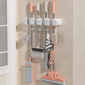 Giá Treo Chổi, Cây Lau Nhà Dán Tường 4 Kẹp 5 Móc Không Khoan 33,4 cm