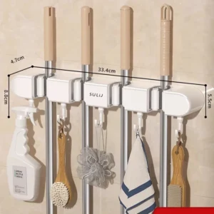 Giá Treo Chổi, Cây Lau Nhà Dán Tường 4 Kẹp 5 Móc Không Khoan 33,4 cm