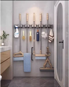 Giá Treo Chổi, Cây Lau Nhà Nhôm Dán Tường 5 Kẹp 6 Móc