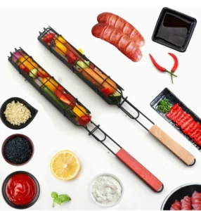 Giỏ Nướng Xúc Xích, Rau Củ Cán Gỗ Dài 49 cm, Kẹp Lưới Lật Đều Hai Mặt