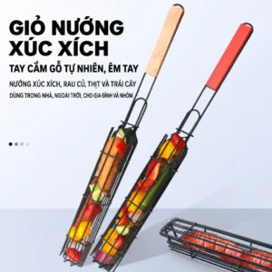 Giỏ Nướng Xúc Xích, Rau Củ Cán Gỗ Dài 49 cm, Kẹp Lưới Lật Đều Hai Mặt