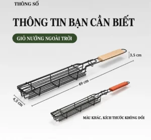 Giỏ Nướng Xúc Xích, Rau Củ Cán Gỗ Dài 49 cm, Kẹp Lưới Lật Đều Hai Mặt