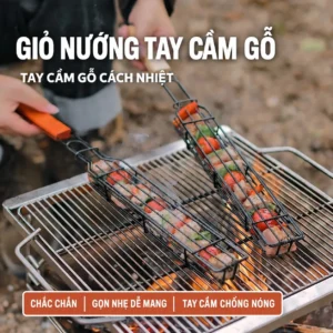 Giỏ Nướng Xúc Xích, Rau Củ Cán Gỗ Dài 49 cm, Kẹp Lưới Lật Đều Hai Mặt
