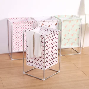 Giỏ Vải Đựng Đồ Giặt Khung Kim Loại 32 × 32 × 52 cm Tháo Rời, Họa Tiết Hồng Hạc