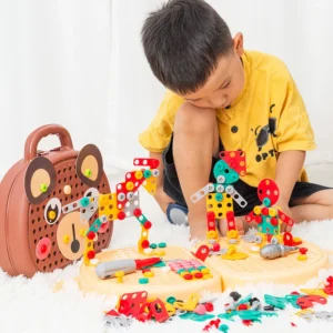 Hộp Đồ Chơi Lắp Ráp Kỹ Sư Hình Gấu Kèm Máy Khoan Pin Cho Bé