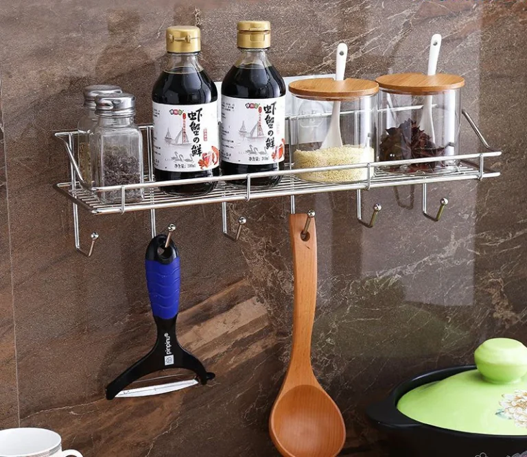 Kệ Inox Dán Tường Nhà Bếp, Nhà Tắm Kèm 6 Móc 40 × 13 × 11 cm