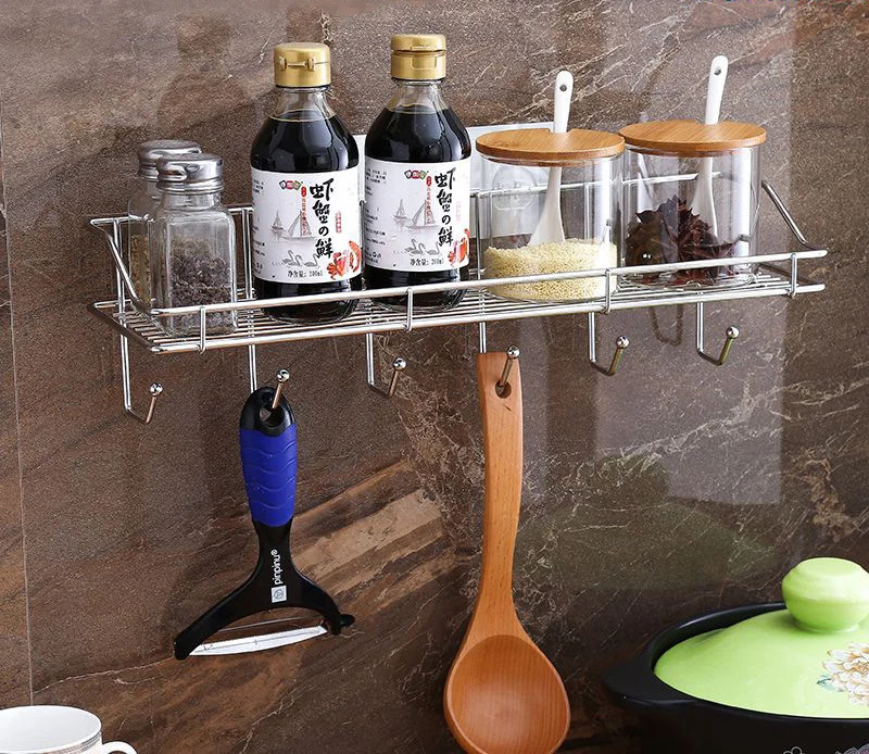 Kệ Inox Dán Tường Nhà Bếp, Nhà Tắm Kèm 6 Móc 40 × 13 × 11 cm