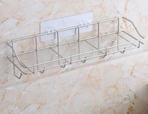 Kệ Inox Dán Tường Nhà Bếp, Nhà Tắm Kèm 6 Móc 40 × 13 × 11 cm
