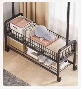 Kệ Treo Quần Áo Cao 176 cm Có Giỏ Lưới Và Kệ Giày, Bánh Xe Di Chuyển, Móc Treo Túi