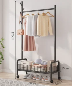 Kệ Treo Quần Áo Cao 176 cm Có Giỏ Lưới Và Kệ Giày, Bánh Xe Di Chuyển, Móc Treo Túi