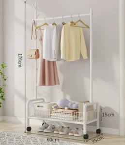 Kệ Treo Quần Áo Cao 176 cm Có Giỏ Lưới Và Kệ Giày, Bánh Xe Di Chuyển, Móc Treo Túi