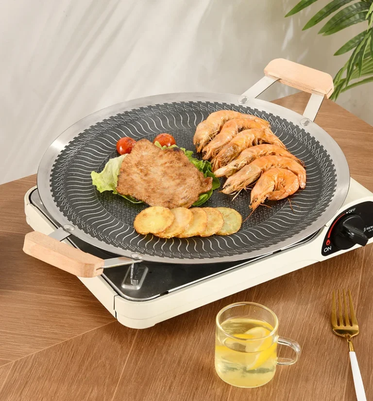 Khay Nướng BBQ Thép Tròn 34 cm Tay Cầm Gỗ