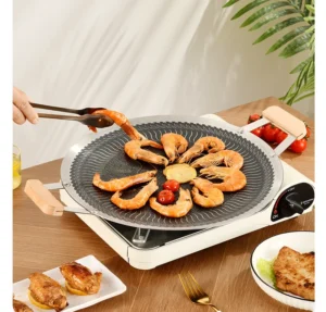 Khay Nướng BBQ Thép Tròn 34 cm Tay Cầm Gỗ