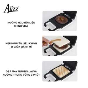Máy Nướng Bánh Mì Sandwich ALIZZ AL-13812 650 W, Khuôn Chống Dính, Kẹp Nướng 3 Phút