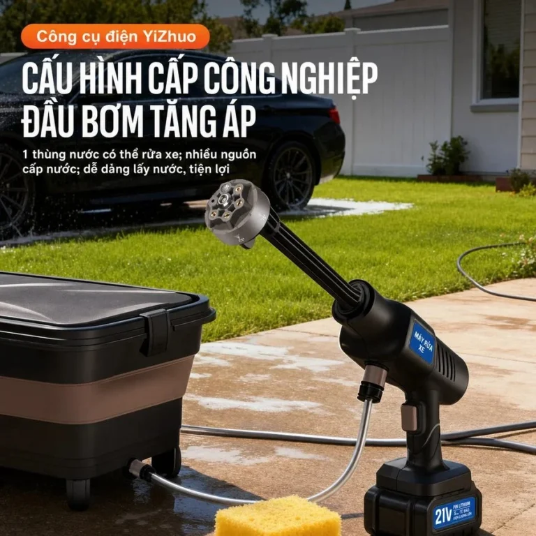 Máy Rửa Xe Dùng Pin 21V Áp Lực 35 Bar Lõi Đồng, Đầu Phun Nhiều Chế Độ, Kèm Thùng Nước
