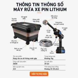 Máy Rửa Xe Dùng Pin 21V Áp Lực 35 Bar Lõi Đồng, Đầu Phun Nhiều Chế Độ, Kèm Thùng Nước