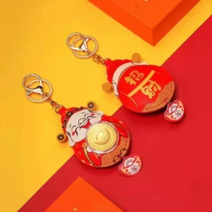 Móc Khóa Thần Tài Da PU Viền Mạ Vàng 16,5 × 6,5 cm Kèm Hộp Quà, Quà Tết