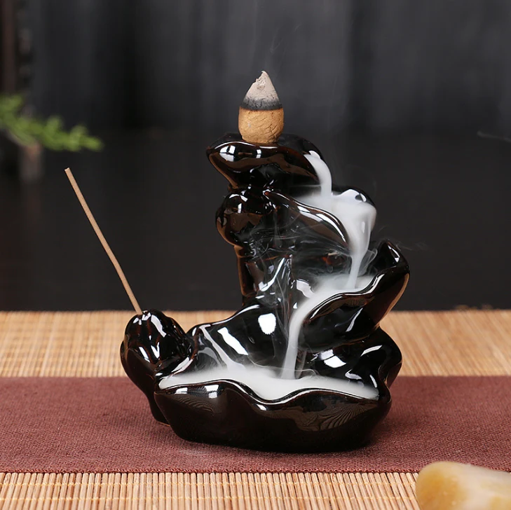Thác Khói Trầm Hương Hình Sen 2 Tầng Gốm Sứ Men Đen