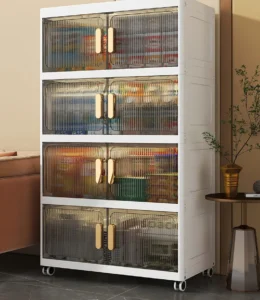 Tủ Nhựa Gấp Gọn 4 Tầng Rộng 70 cm Cửa Mở Trong Suốt, Có Bánh Xe, Không Cần Lắp Ráp