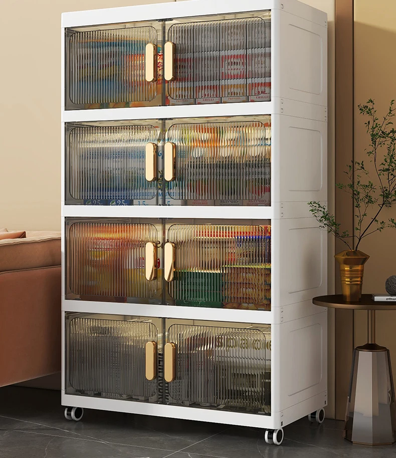 Tủ Nhựa Gấp Gọn 4 Tầng Rộng 70 cm Cửa Mở Trong Suốt, Có Bánh Xe, Không Cần Lắp Ráp