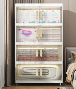 Tủ Nhựa Gấp Gọn 4 Tầng Rộng 70 cm Cửa Mở Trong Suốt, Có Bánh Xe, Không Cần Lắp Ráp