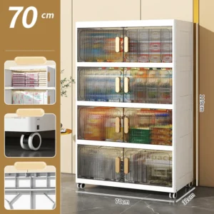 Tủ Nhựa Gấp Gọn 4 Tầng Rộng 70 cm Cửa Mở Trong Suốt, Có Bánh Xe, Không Cần Lắp Ráp