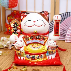 Tượng Mèo Vẫy Tay Gốm Sứ Cao 20 cm Kèm 4 Mèo Nhỏ Trước Bụng, Trang Trí Quầy, Có Hóa Đơn