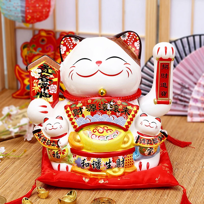 Tượng Mèo Vẫy Tay Gốm Sứ Cao 20 cm Kèm 4 Mèo Nhỏ Trước Bụng, Trang Trí Quầy, Có Hóa Đơn