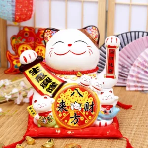 Tượng Mèo Vẫy Tay Gốm Sứ Cao 20 cm Kèm 4 Mèo Nhỏ Trước Bụng, Trang Trí Quầy, Có Hóa Đơn