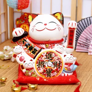 Tượng Mèo Vẫy Tay Gốm Sứ Cao 20 cm Kèm 4 Mèo Nhỏ Trước Bụng, Trang Trí Quầy, Có Hóa Đơn